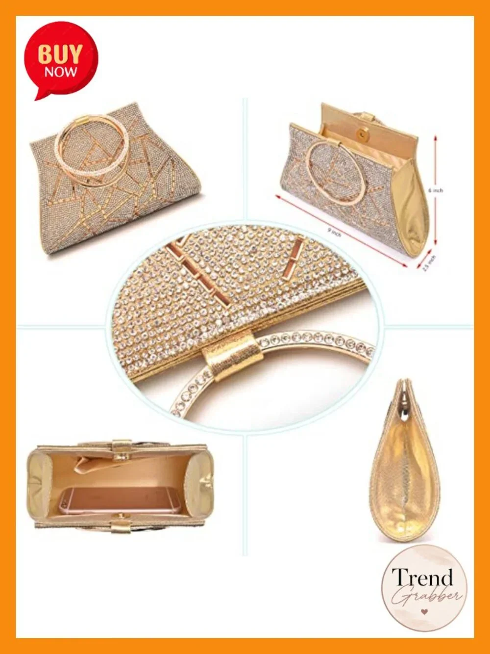 Crystal Clutch Purse Evening Bag Wristlet Bridal Handbag Magnetic Snap Closure